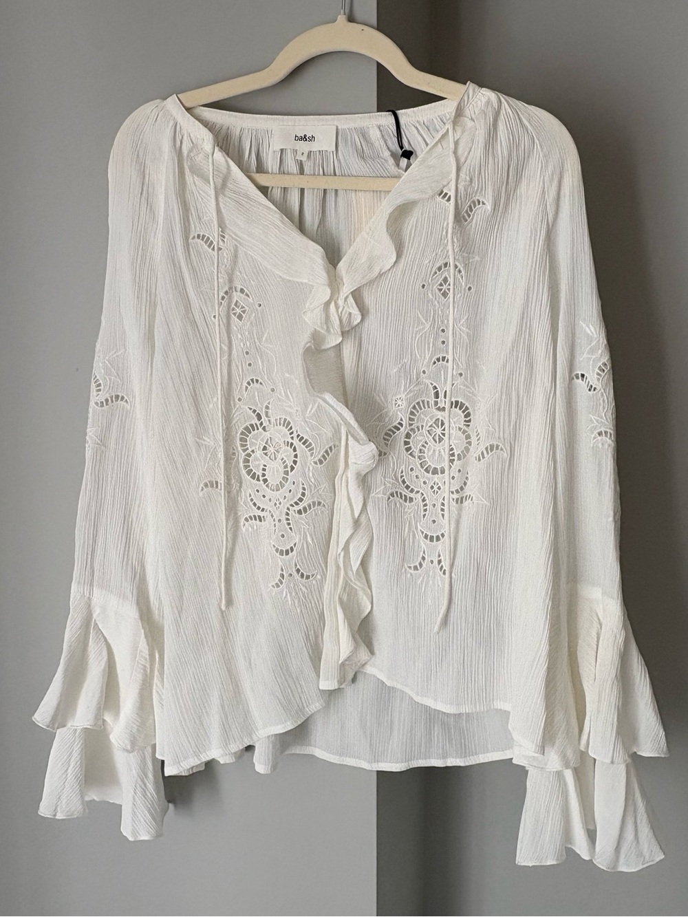 ba&sh Blouse Omar Embroidered Eyelet Ruffle Blouse Off White Bell Sleeve NWT 2